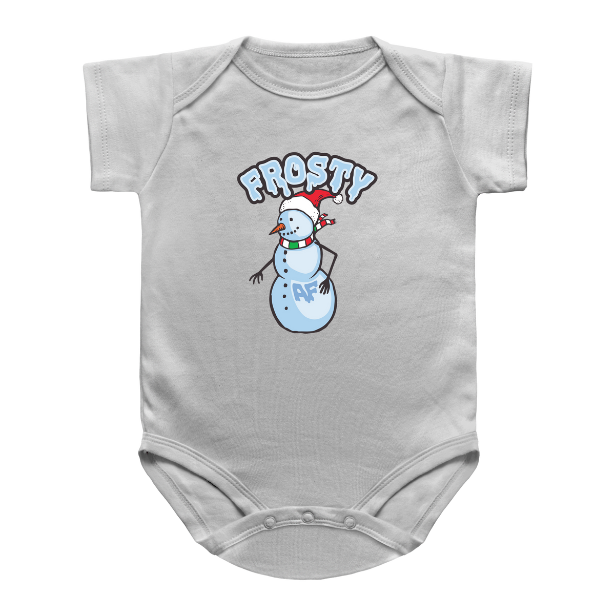 A white short-sleeve infant bodysuit featuring a snowman Santa, and the phrase &