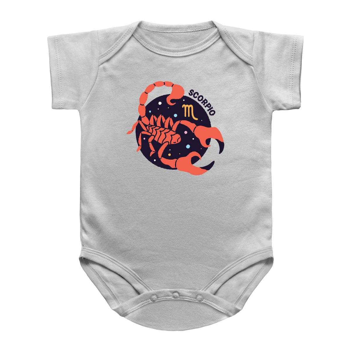 A white short-sleeve infant onesie featuring a graphic of a Scorpio zodiac sign in orange and dark blue with the word &