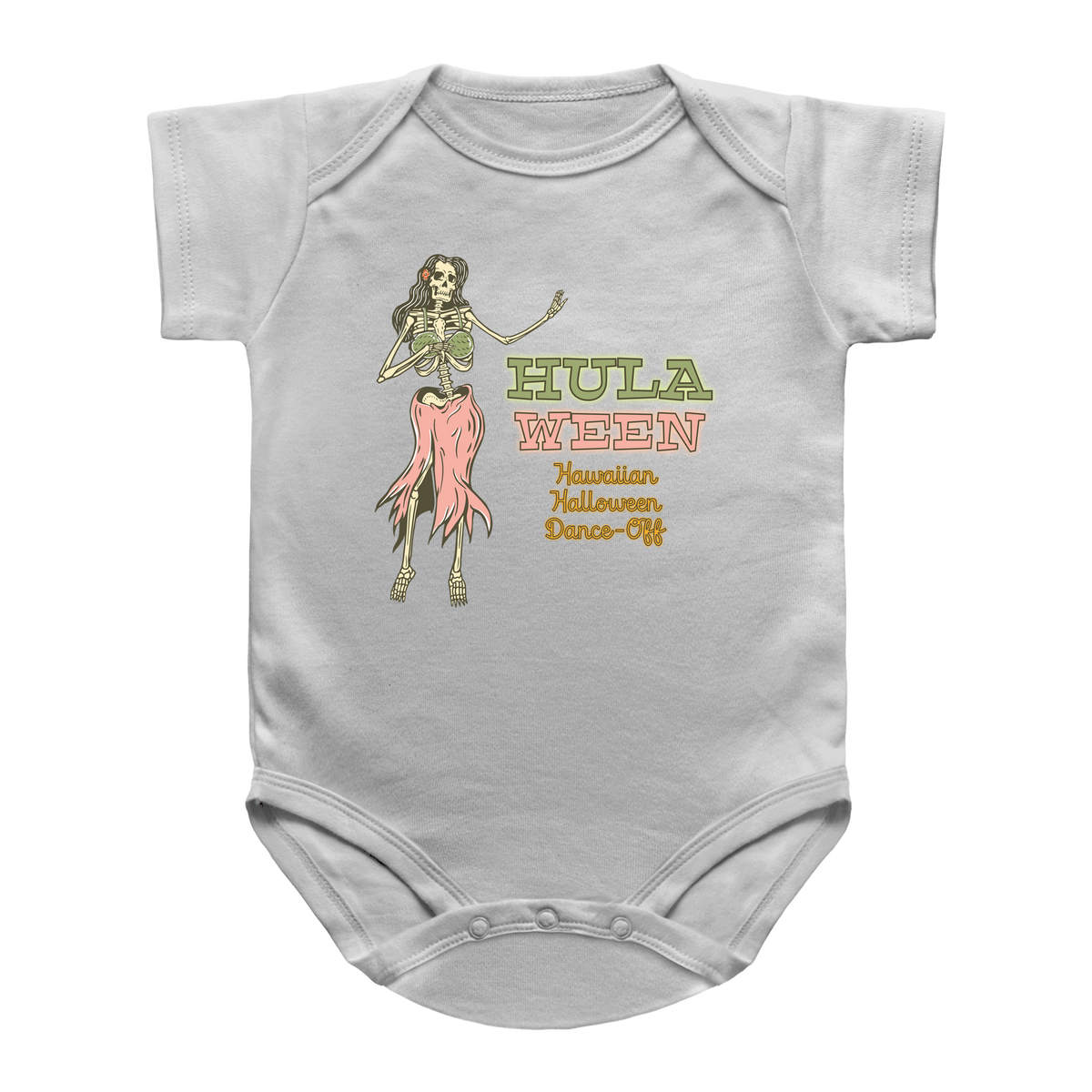 A white short-sleeve baby onesie featuring a graphic print of a skeleton hula dancer and the text &