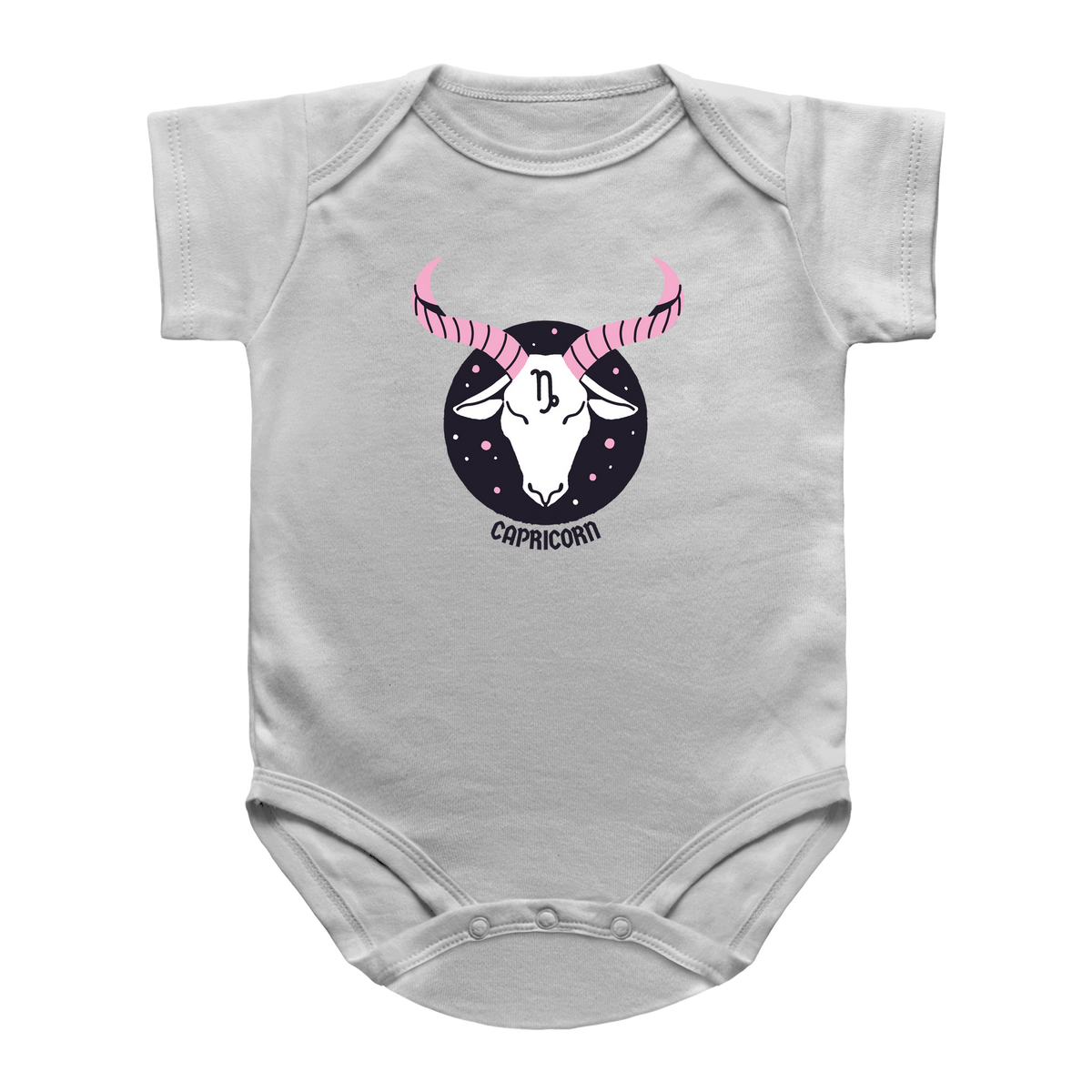 A white baby infant onesie featuring a printed graphic of a Capricorn zodiac sign. The graphic shows a white goat head with pink striped horns inside a black circle with stars, and the word &