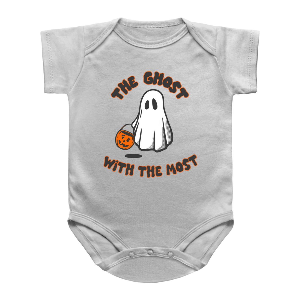 A white infant onesie featuring a Halloween graphic of a white ghost holding an orange pumpkin, with the text &