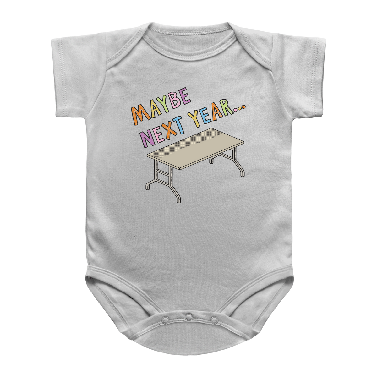 A white short-sleeve infant bodysuit featuring a graphic print of a Thanksgiving folding table and the text &