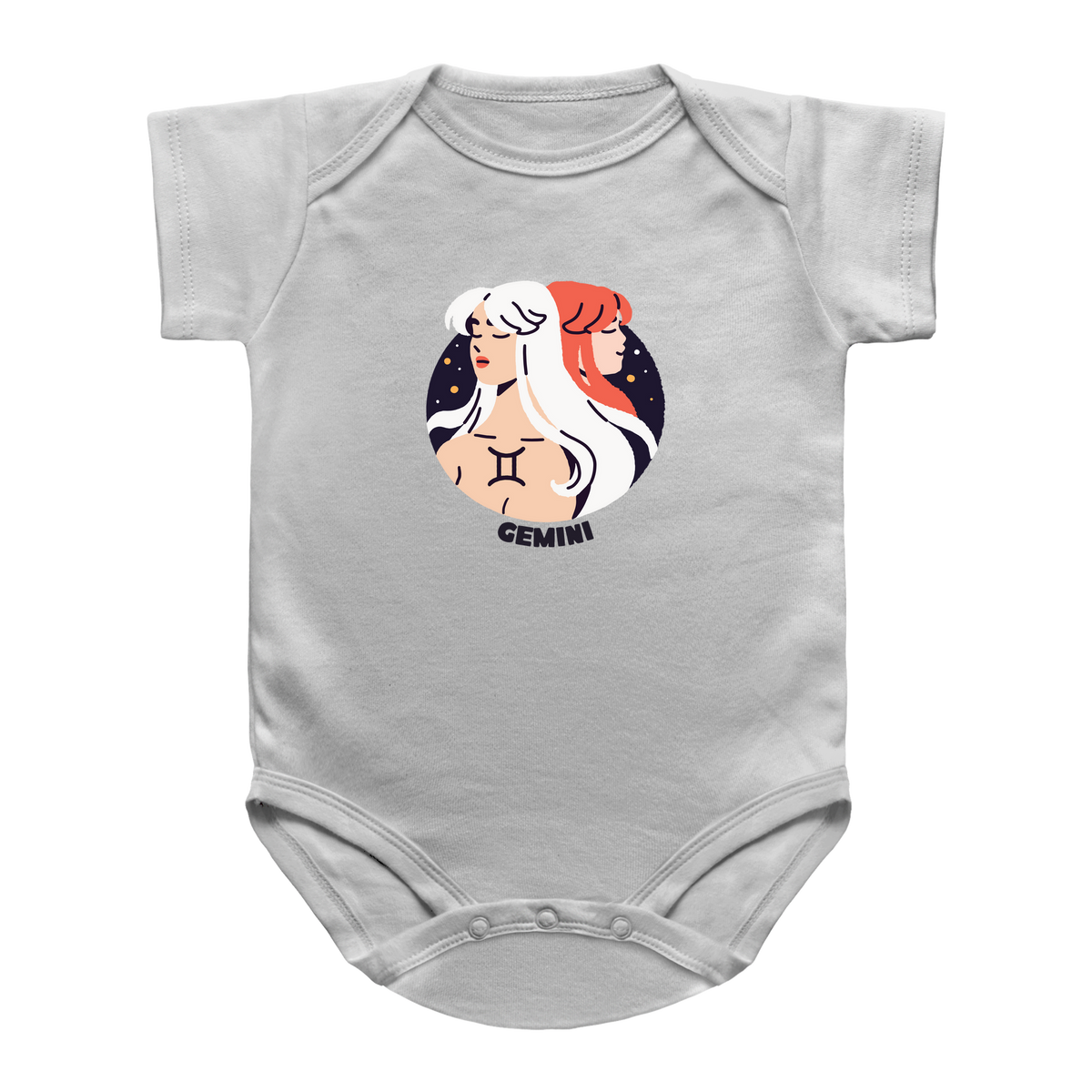 A white short-sleeve infant onesie featuring a circular Gemini zodiac graphic on the chest, displayed against a solid white background.