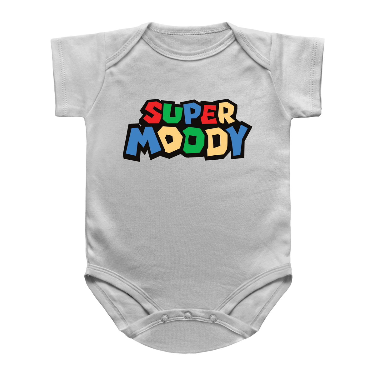 A white baby onesie featuring a mario retro graphic on the chest that reads &