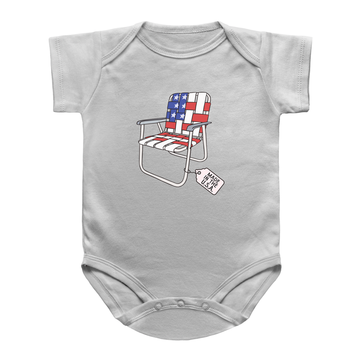A white baby bodysuit featuring a graphic of a retro lawn chair with an American flag pattern and a tag that reads &