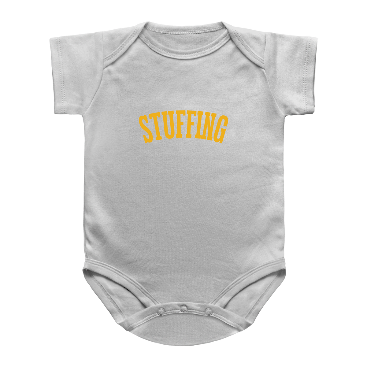 A Thanksgiving white baby bodysuit with the word &