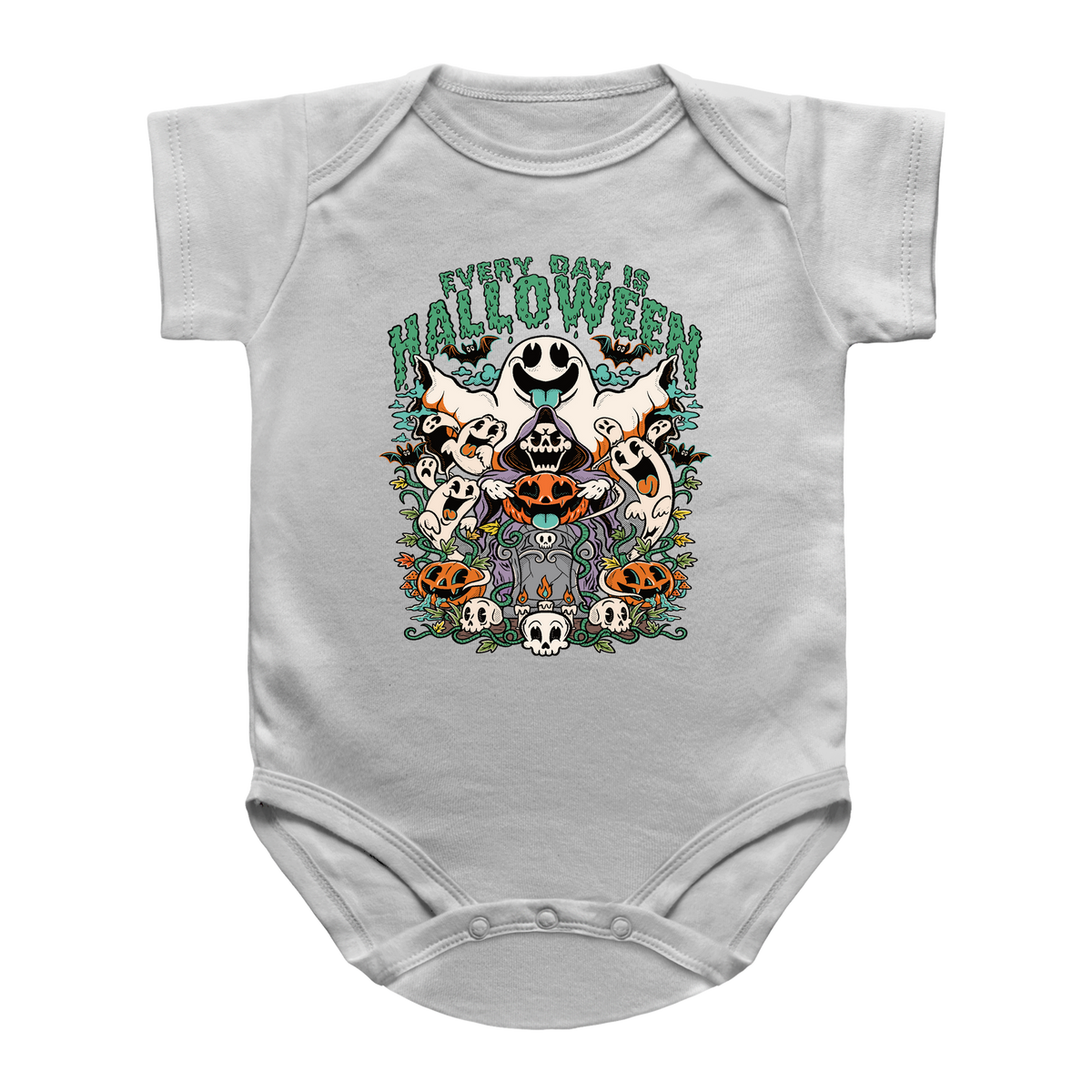 A white short-sleeve infant onesie featuring a colorful Halloween graphic on the chest with the text &