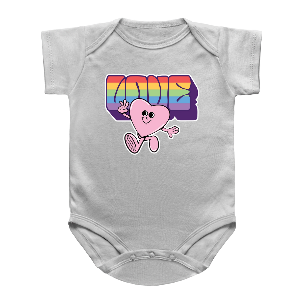 A light gray infant onesie featuring a Valentine&