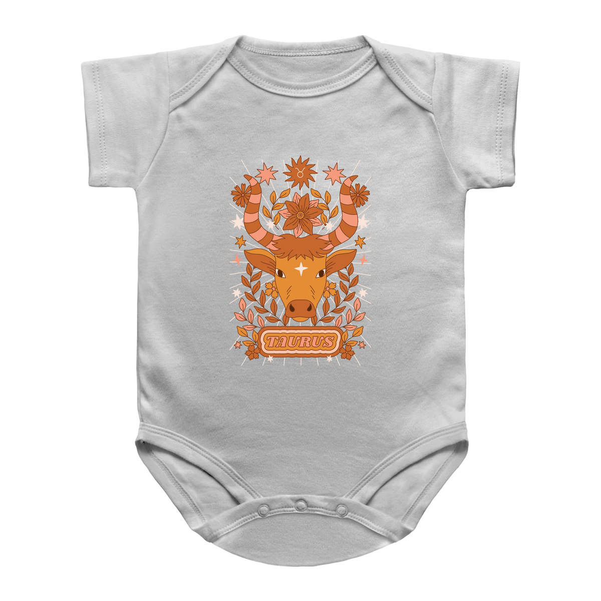 A white infant onesie featuring a central graphic of a Taurus zodiac sign with an orange bull, floral elements, and the word &