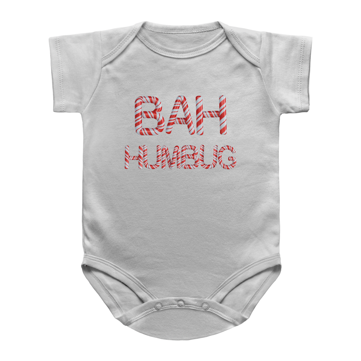 A white short-sleeve baby onesie with &