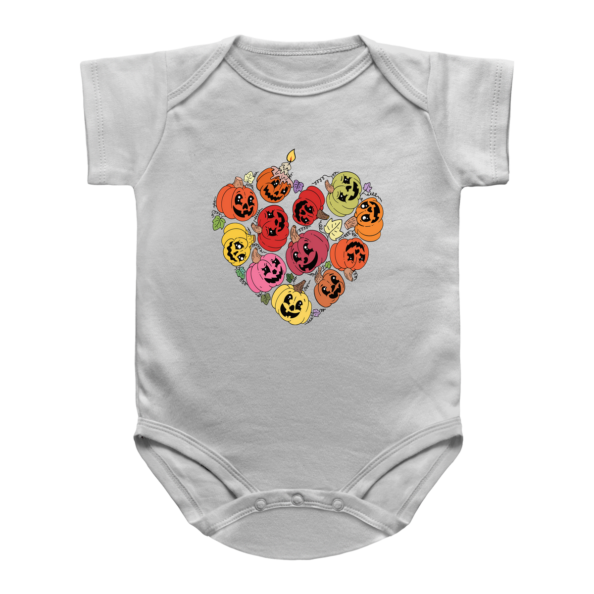 A white infant bodysuit with a heart-shaped graphic of Halloween jack-o&