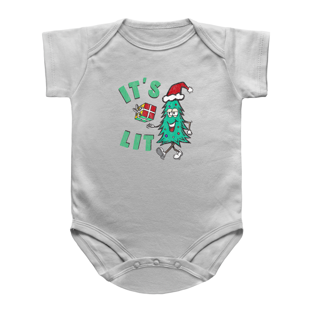 A white Christmas short-sleeve infant onesie featuring a festive graphic on the chest with the text &