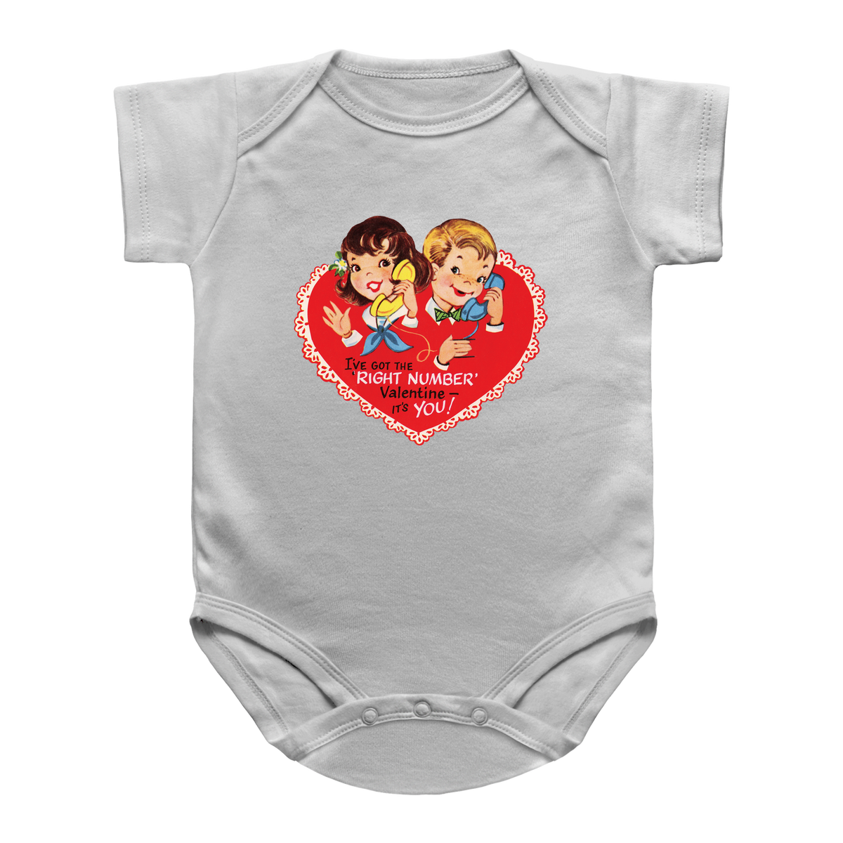 A white infant onesie featuring a retro-style red heart graphic on the chest with cartoon characters and the text &