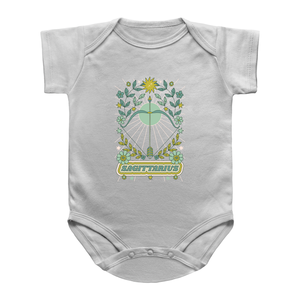 A white infant onesie featuring a Sagittarius astrological graphic on the chest, inspired by tarot cards.