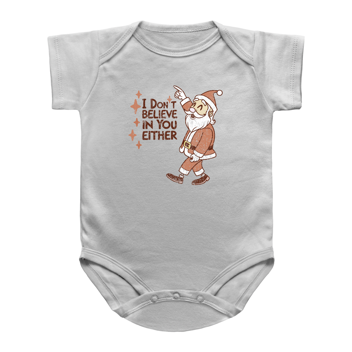 A white baby onesie featuring a graphic of a Santa Claus pointing upwards next to the text &
