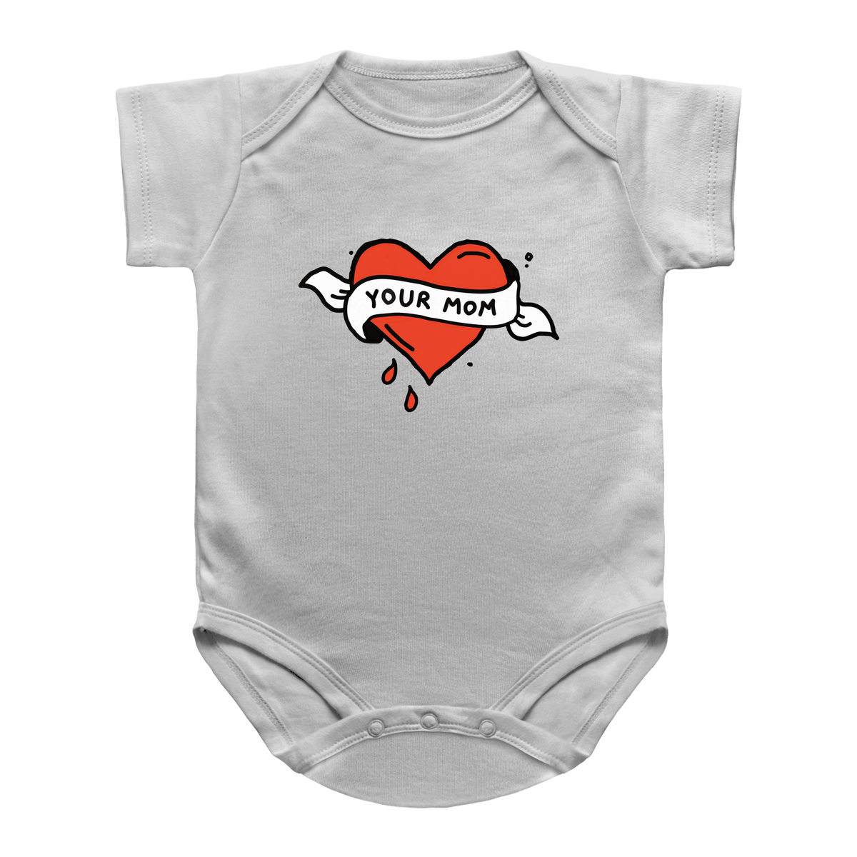 A white infant onesie featuring a tattoo graphic of a dripping red heart with a white banner that reads &