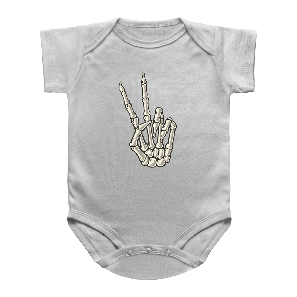 A white short-sleeve infant onesie featuring a skeleton hand graphic making a peace sign on the chest.