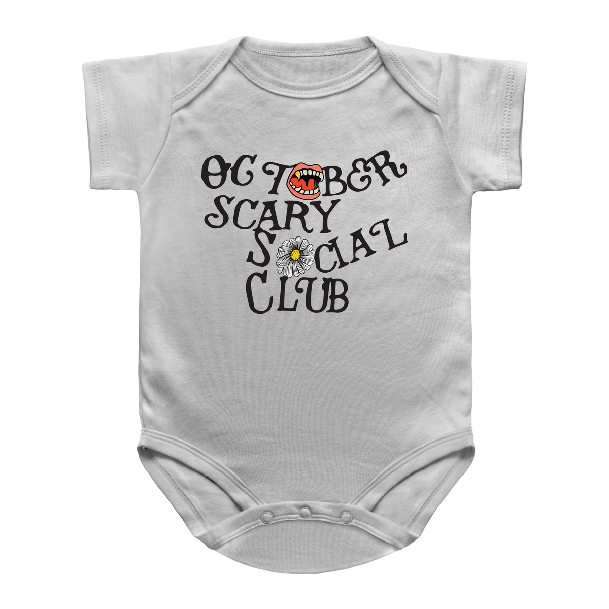 A white baby onesie featuring a Halloween print on the front that reads &