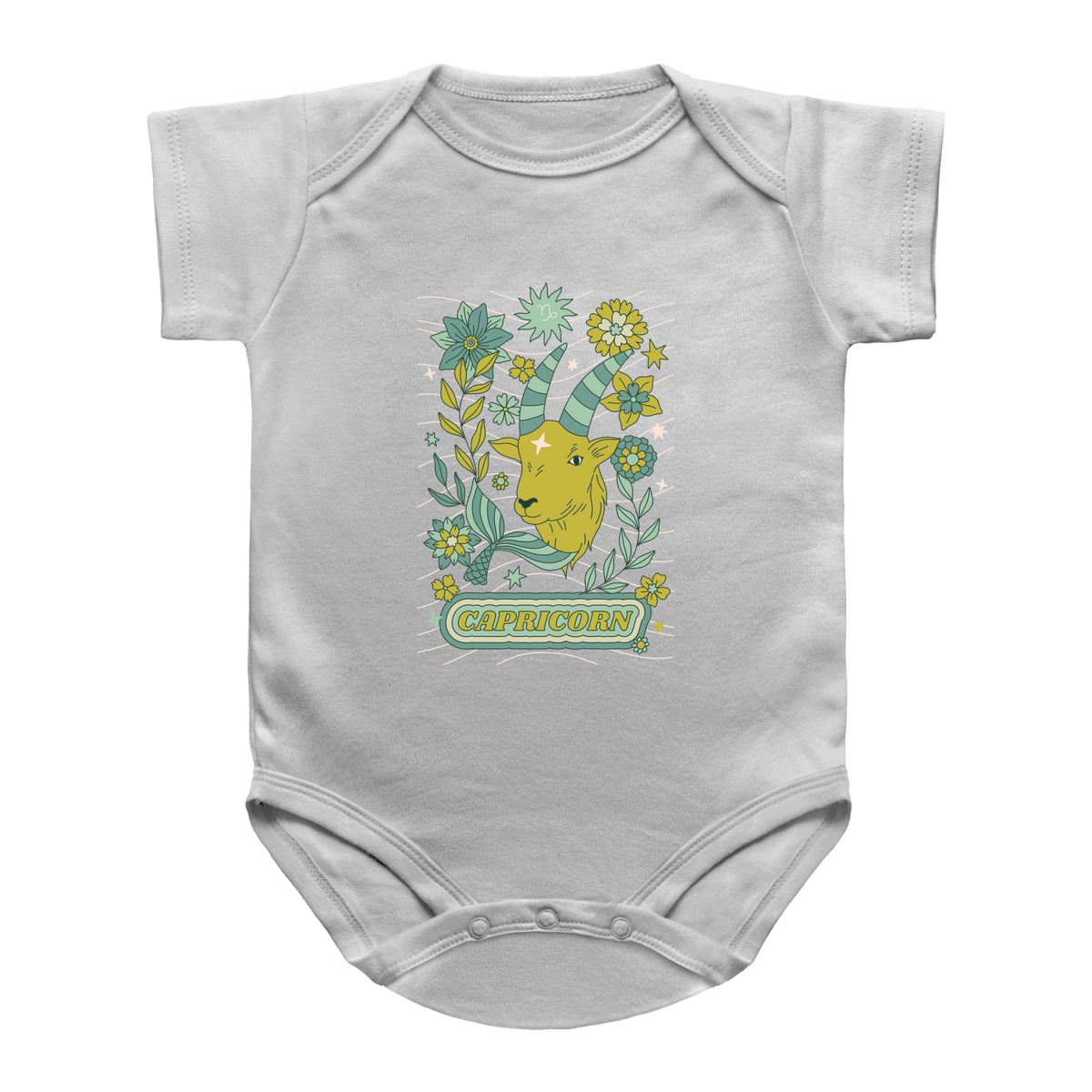 A white short-sleeve baby bodysuit featuring a Capricorn astrology goat surrounded by tarot flowers, with the word &