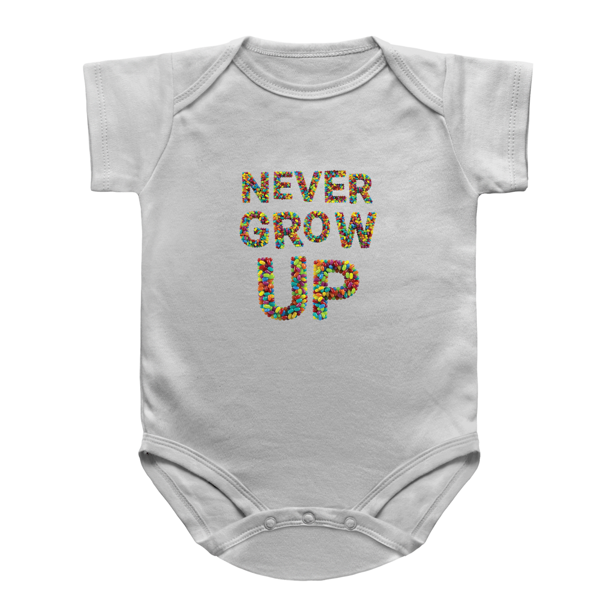 A white infant onesie with short sleeves and a colorful jellybean graphic text reading &