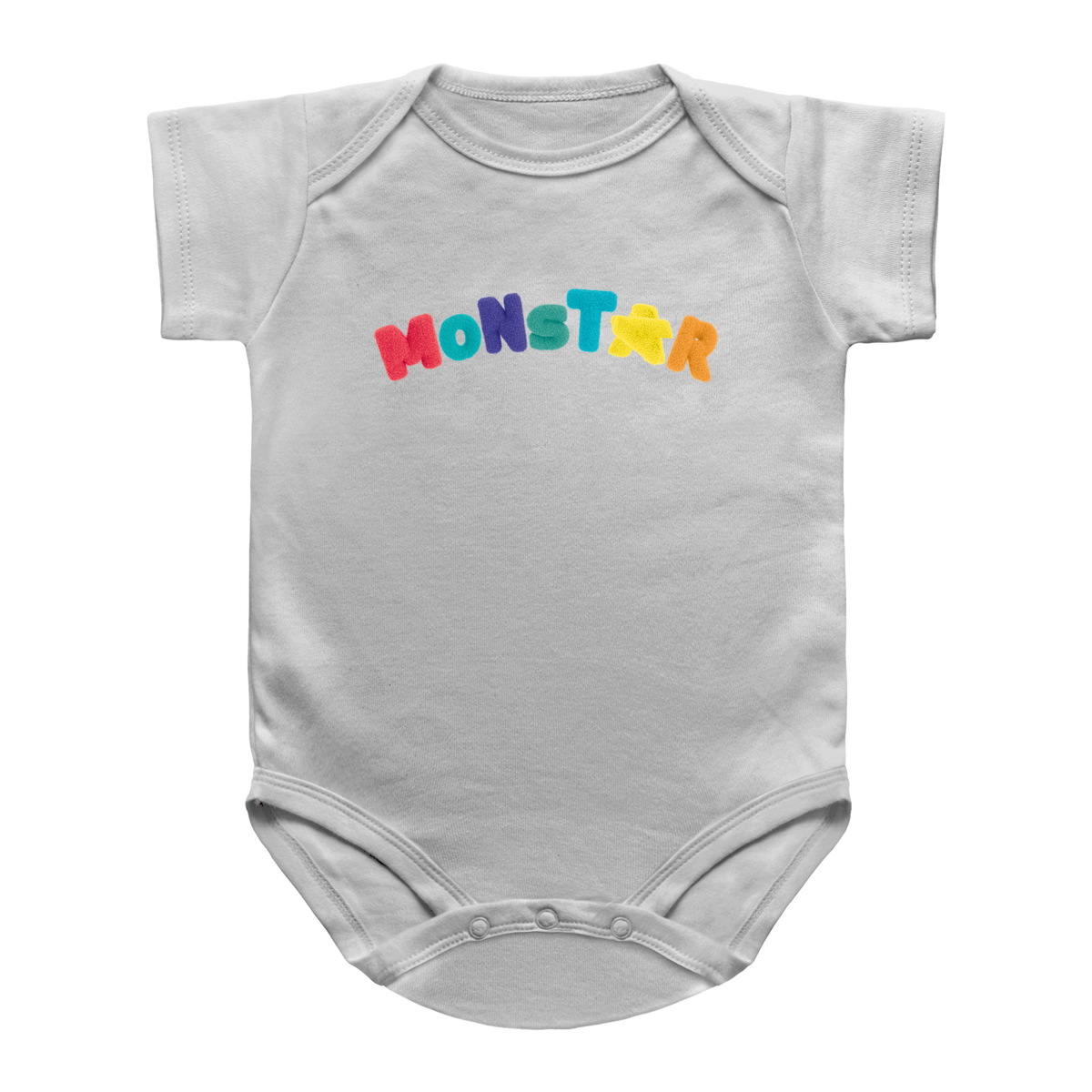 A white baby bodysuit with the word &