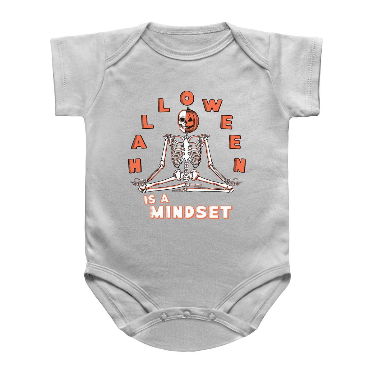 A white short-sleeve infant onesie featuring a Halloween-themed graphic of a meditating skeleton with a jack-o&