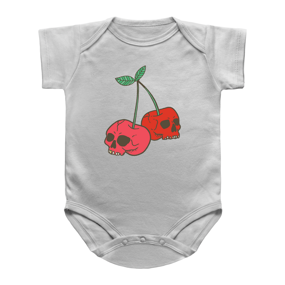 A white short-sleeve Halloween baby bodysuit featuring two cherries shaped like skulls for Halloween.