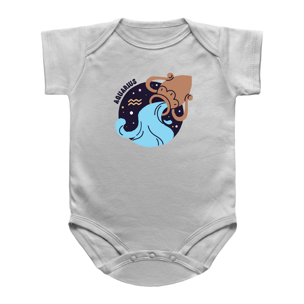 A light gray infant baby bodysuit featuring a central graphic of an octopus with the word Aquarius on a white background.