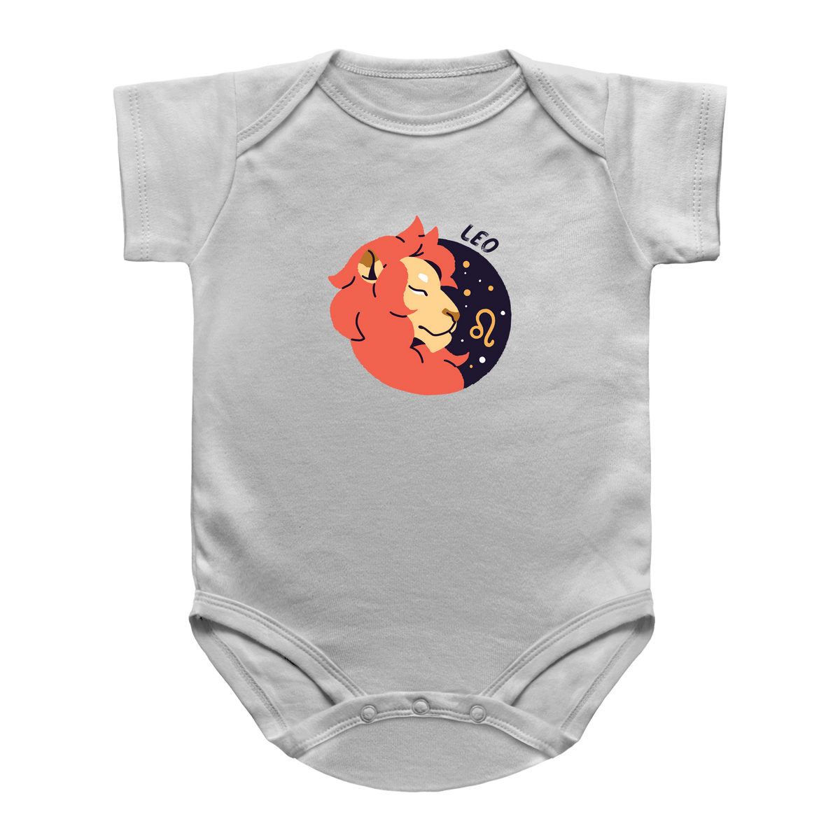 A white short-sleeve infant bodysuit featuring a circular graphic of a Leo zodiac sign illustration in red, yellow, and navy blue on the chest.