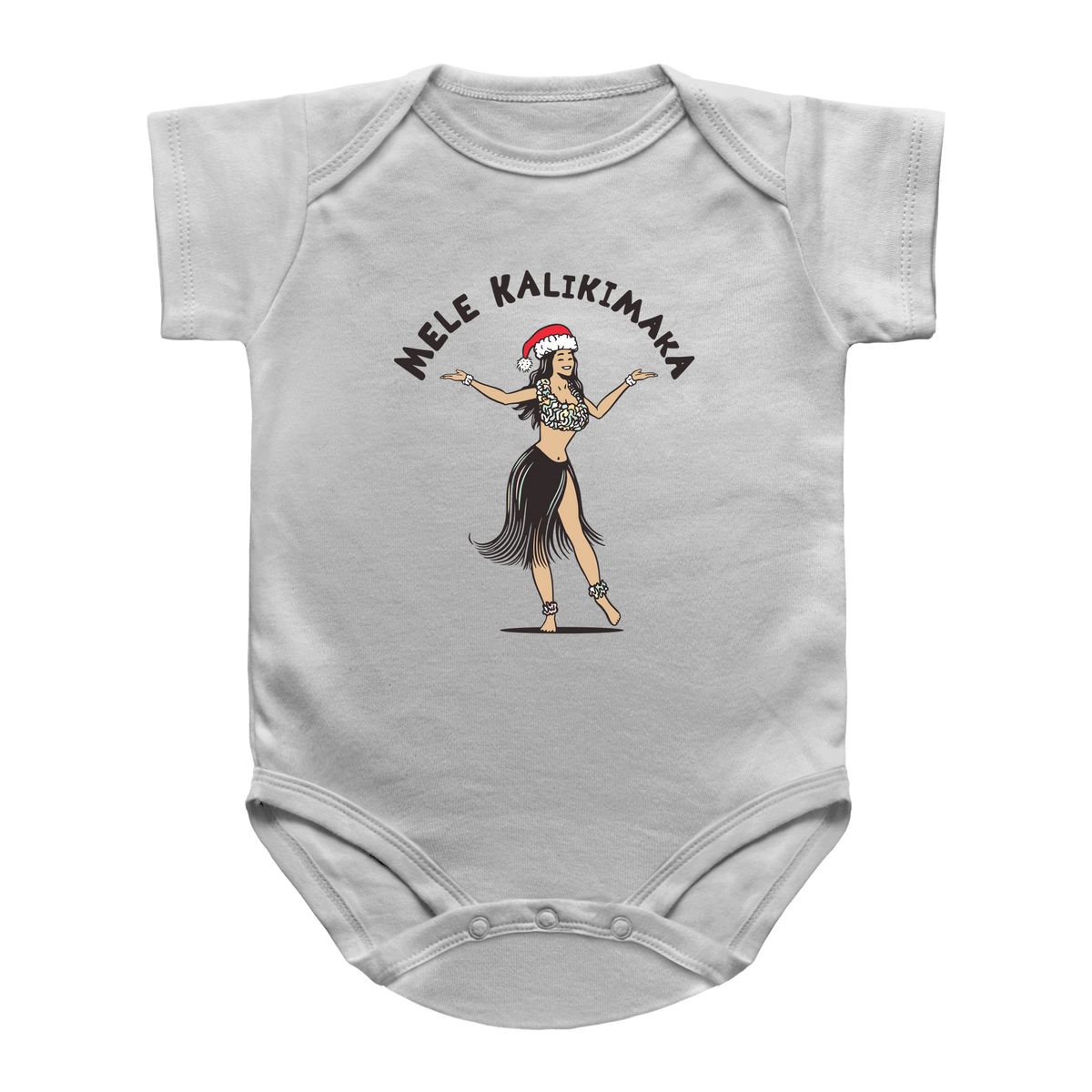 A whites short-sleeve infant bodysuit featuring a graphic of a hula dancer with the text &