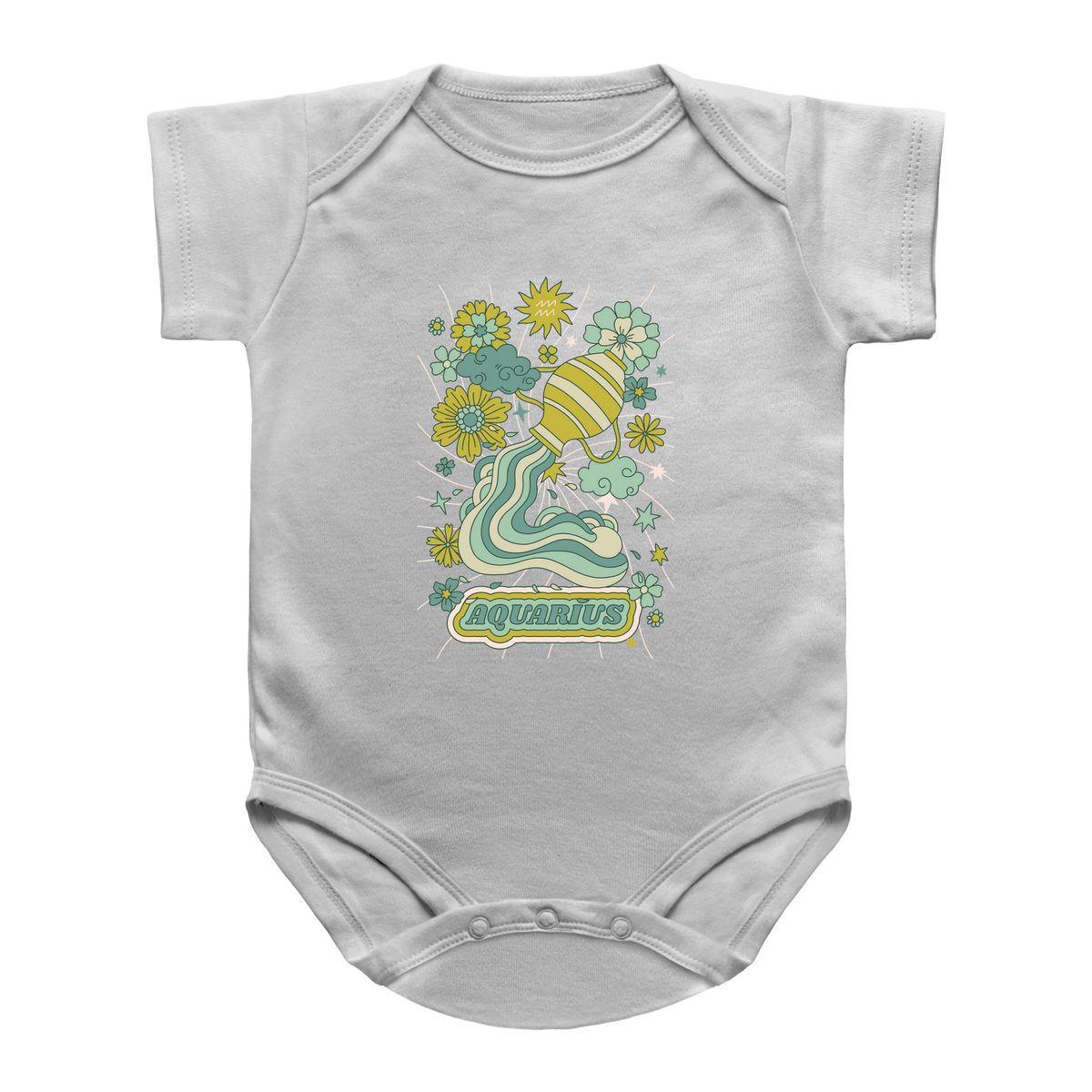 A light gray baby infant bodysuit featuring a retro-style Aquarius zodiac graphic in green, yellow, and blue on the chest, displayed against a solid white background.