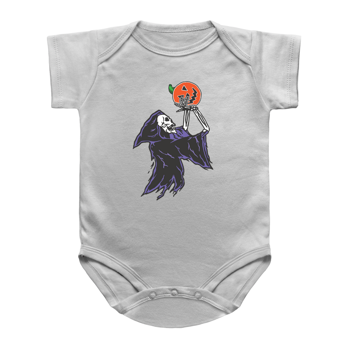 A white infant onesie bodysuit featuring a Halloween graphic of a skeleton grim reaper playing basketball with a jack-o&