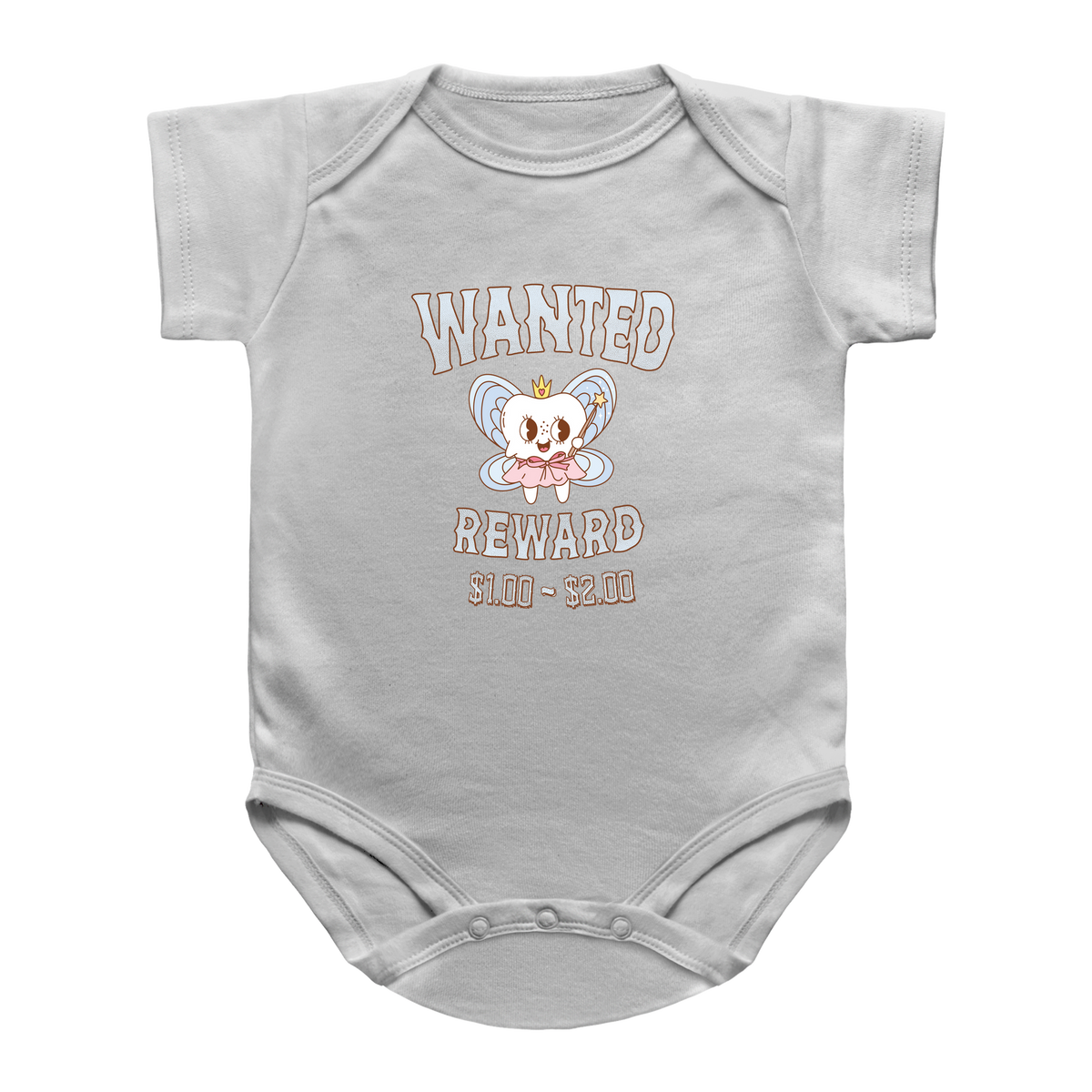 A white short-sleeve infant onesie featuring a tooth fairy graphic with the text &