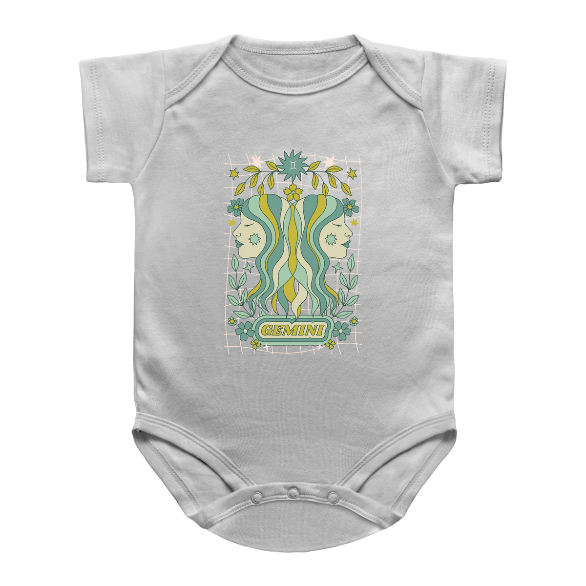 A white infant onesie bodysuit featuring a retro-style Gemini zodiac graphic on the chest with green, yellow, and white wavy lines, flowers, and a grid pattern.