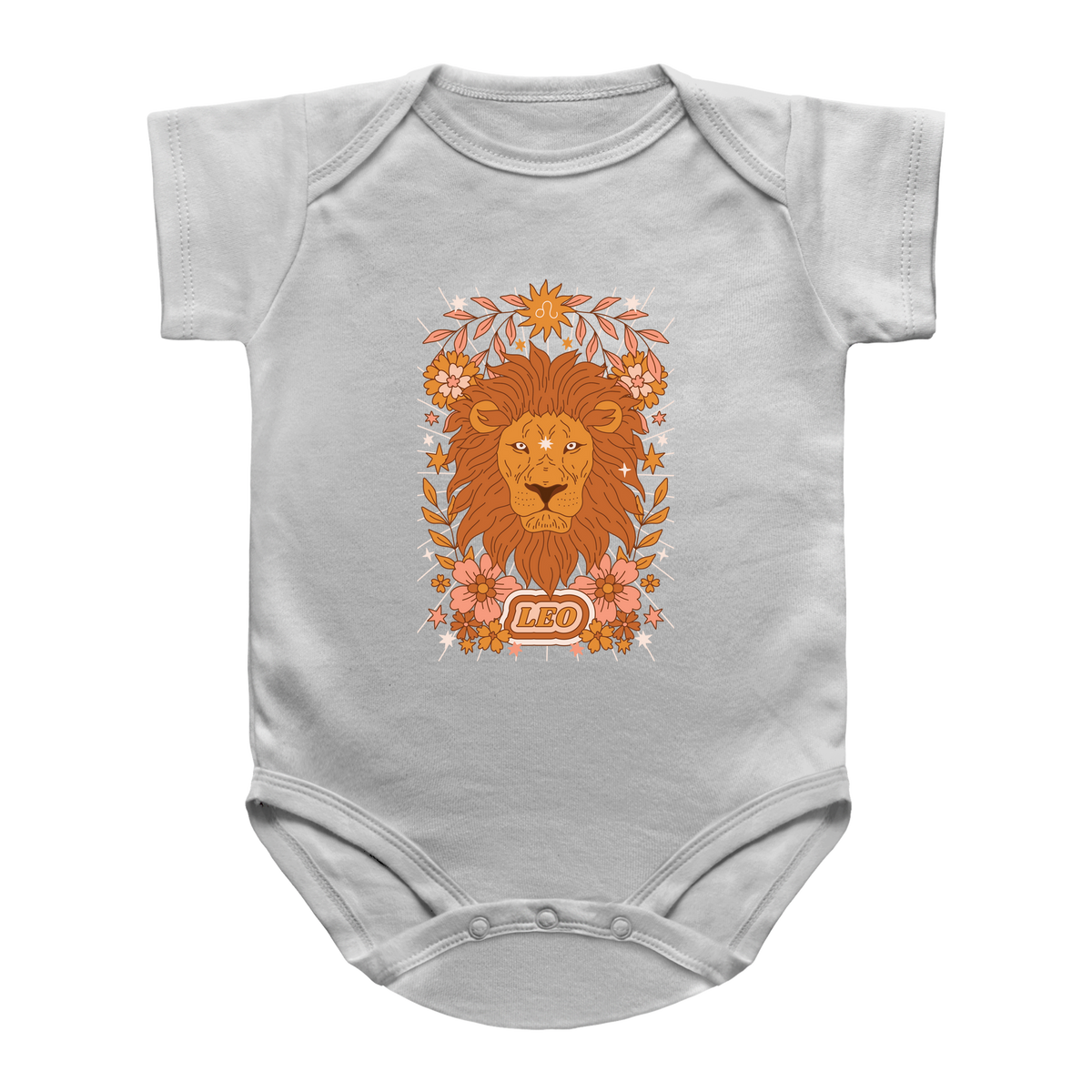 A white baby bodysuit featuring a tarot graphic Leo astrology sign print of a lion surrounded by flowers, with the word &