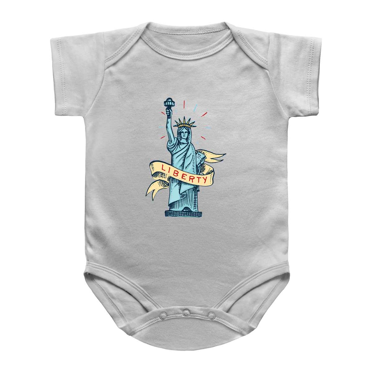 A white short-sleeve baby bodysuit for the 4th of July featuring the Statue of Liberty with a banner reading &