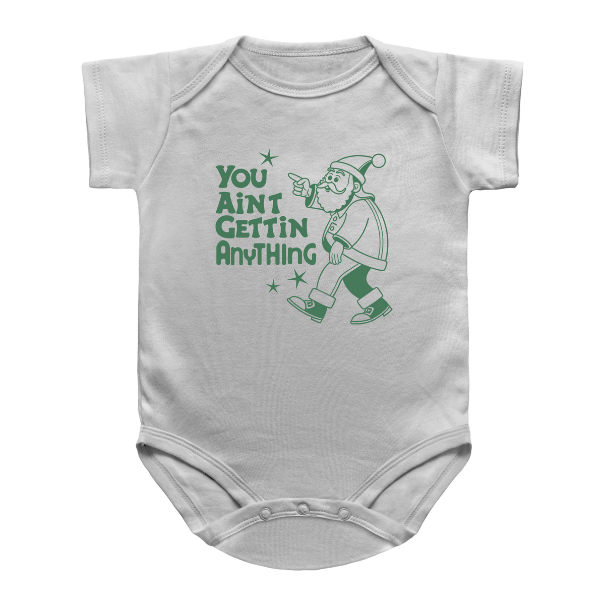 A white Christmas baby bodysuit with a graphic print of a pointing Santa and the text &