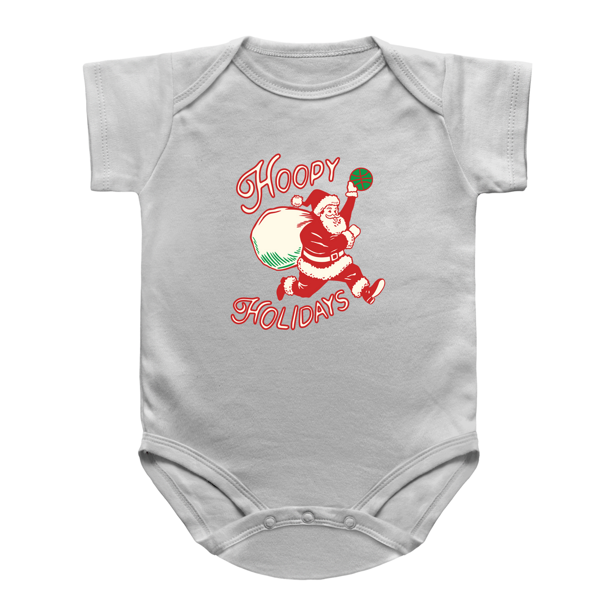 A white short-sleeve infant bodysuit featuring a vintage-style graphic of Santa Claus dunking a basketball with the text &