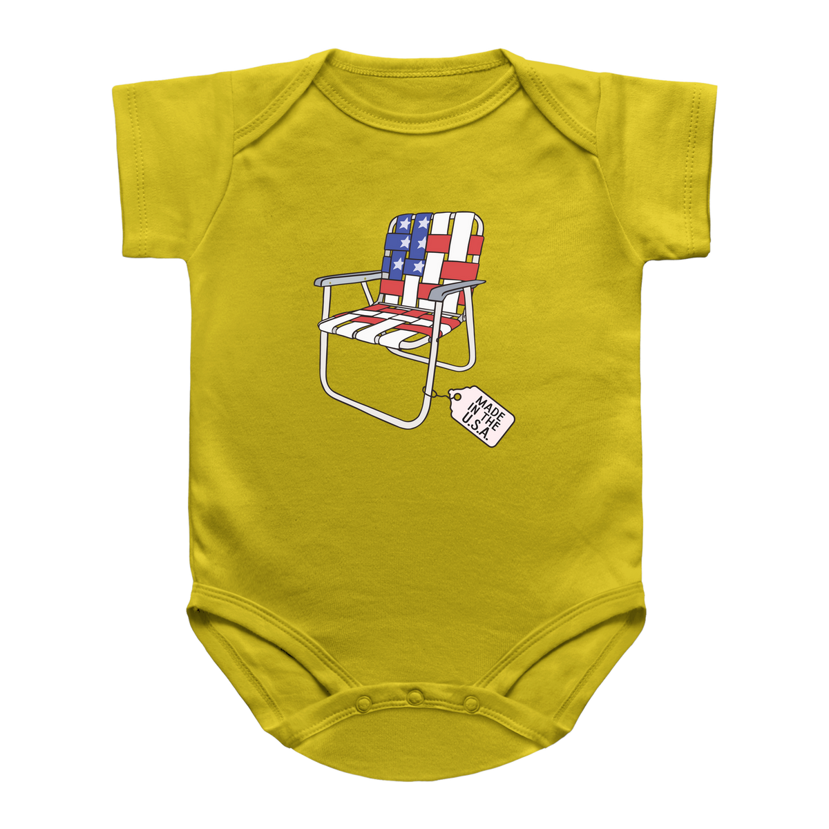 A yellow baby bodysuit featuring a graphic of a retro lawn chair with an American flag pattern and a tag that reads &
