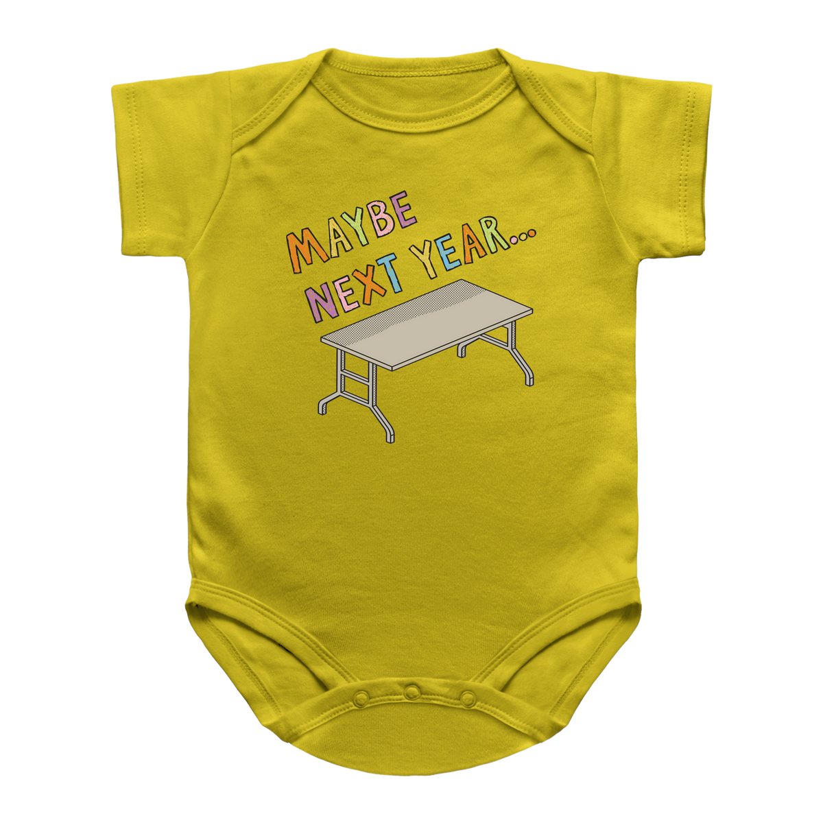 A yellow short-sleeve baby bodysuit featuring a graphic print of a Thanksgiving folding table and the text &