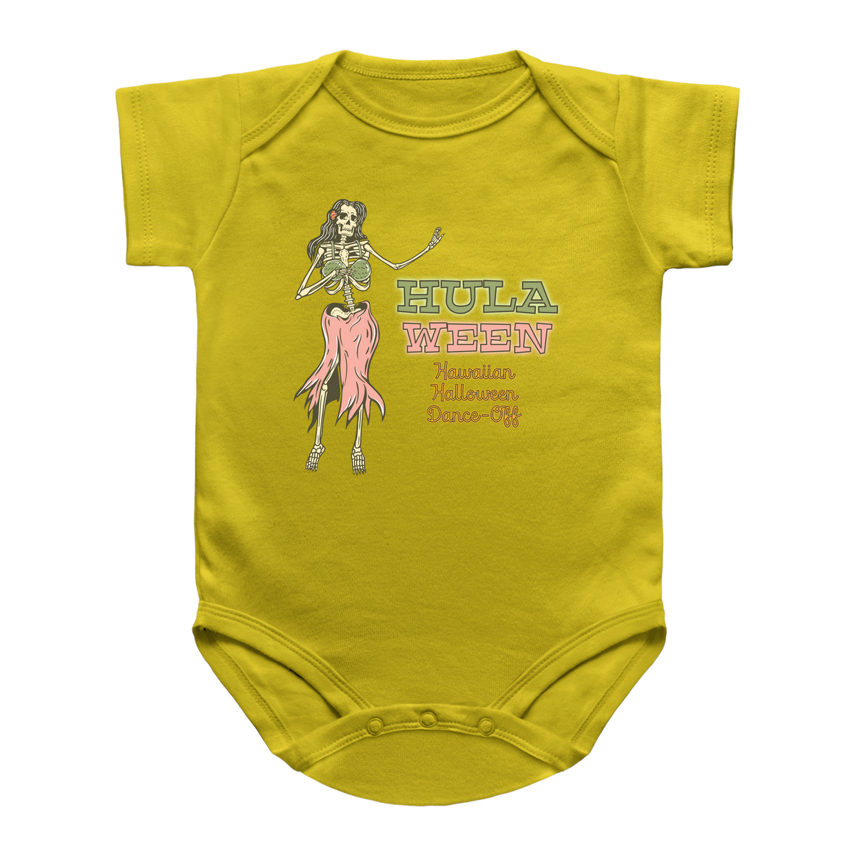 A yellow infant bodysuit featuring a graphic of a skeleton hula dancer with the text &