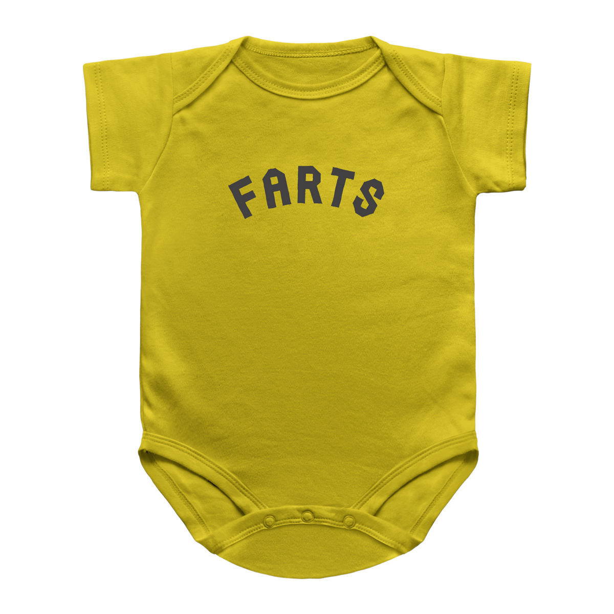 A yellow short-sleeve baby bodysuit with the word &