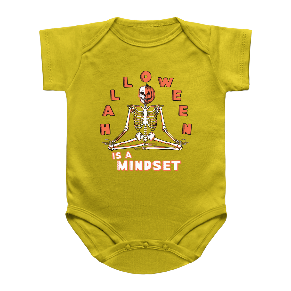 A yellow short-sleeve baby onesie featuring a Halloween-themed graphic of a meditating skeleton with a jack-o&