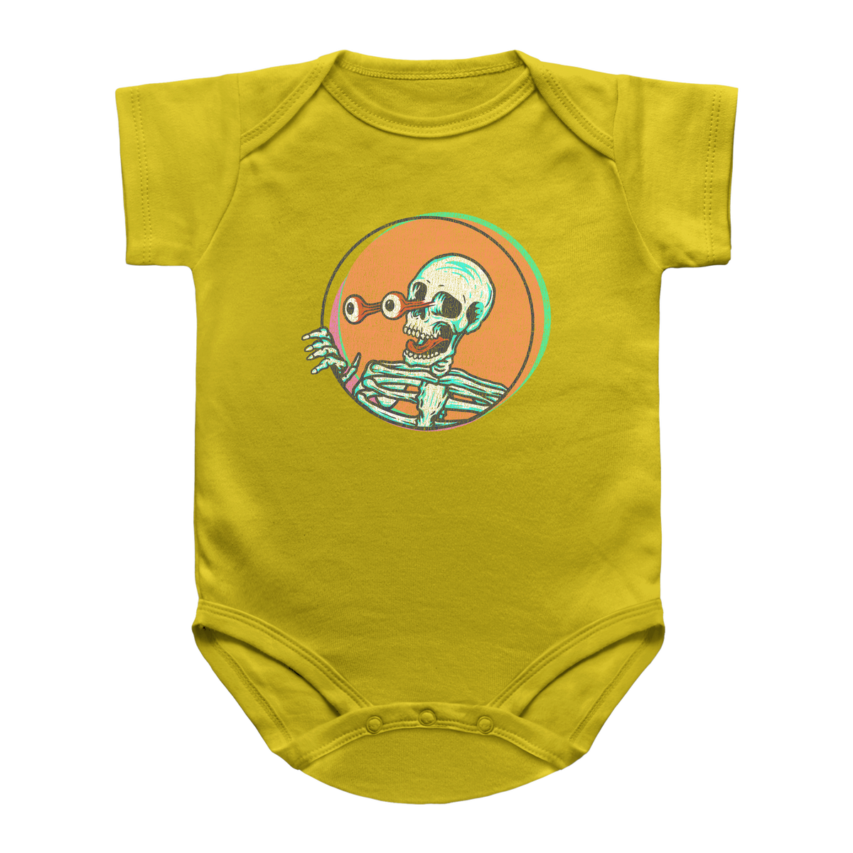 A yellow short-sleeve infant onesie featuring a Halloween skeleton graphic.