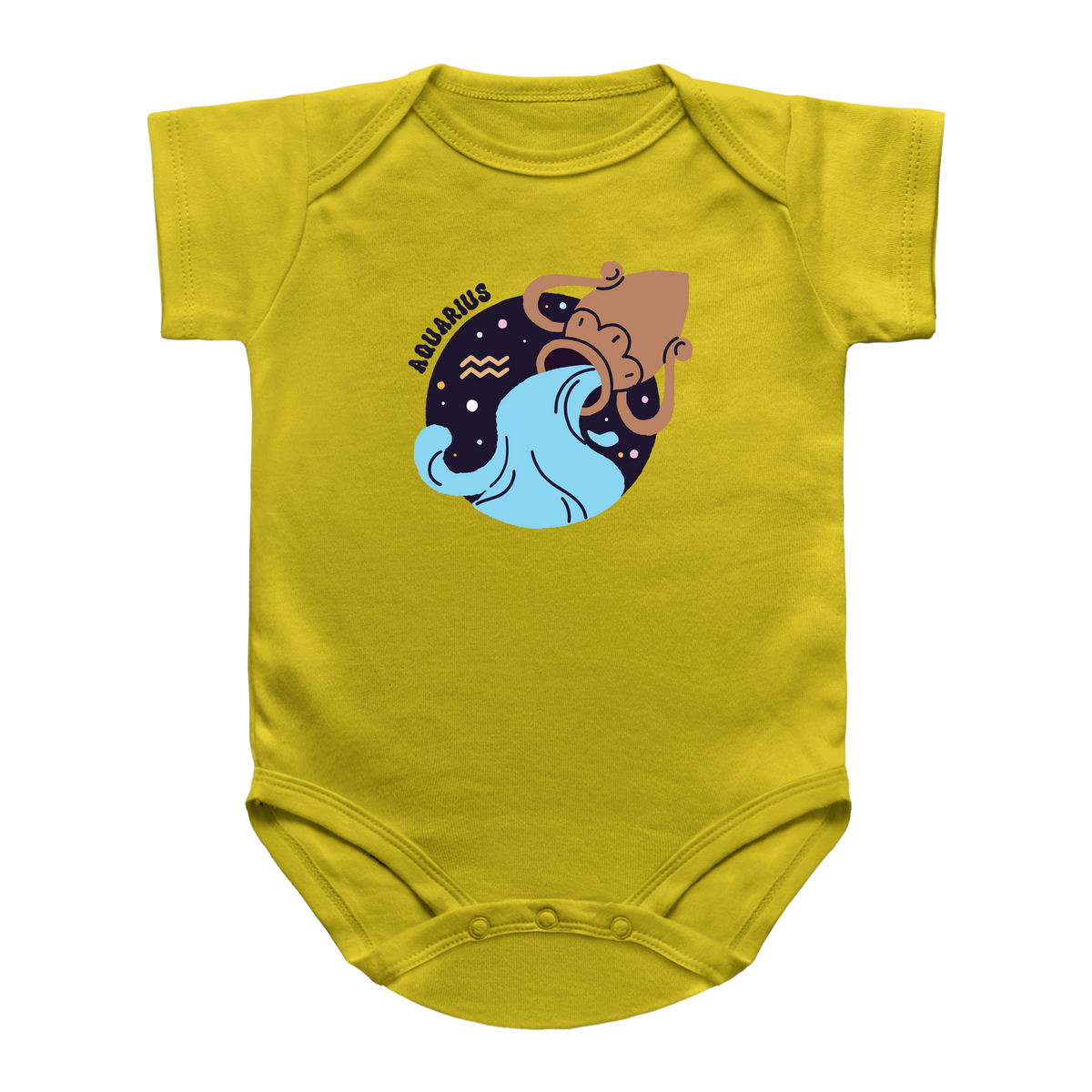 A yellow baby infant bodysuit featuring a central graphic of an pitcher with the word Aquarius on a white background.