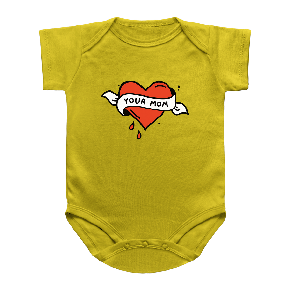 A yellow baby bodysuit featuring a tattoo graphic of a dripping red heart with a white banner that reads &
