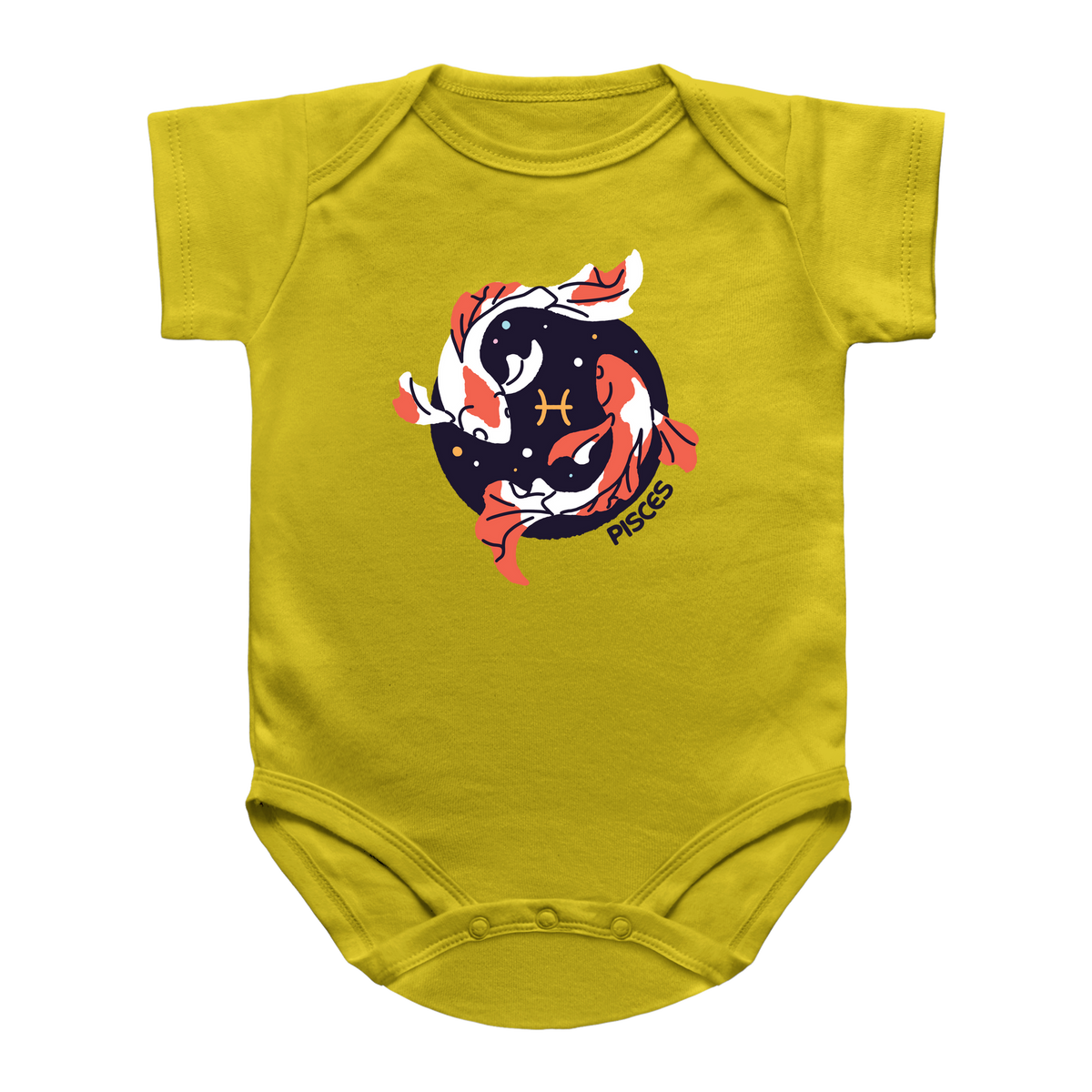 A yellow short-sleeve infant bodysuit with a Pisces zodiac graphic on the chest, featuring two koi fish in a circular design with stars and the word &