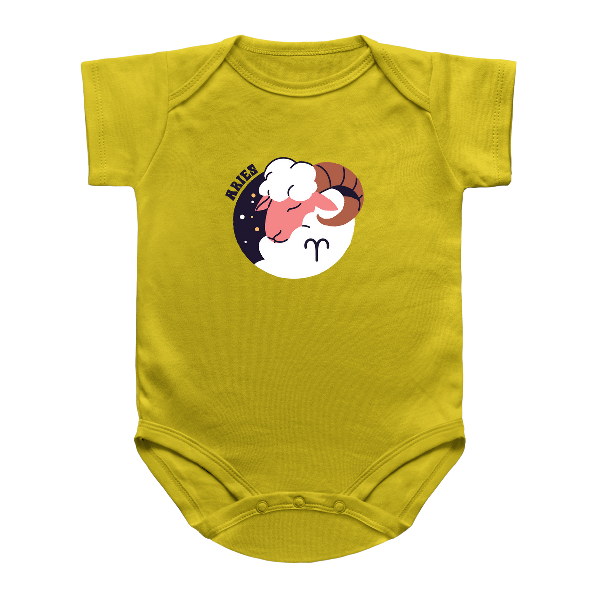 A yellow short-sleeve infant baby bodysuit featuring a circular graphic of a ram&