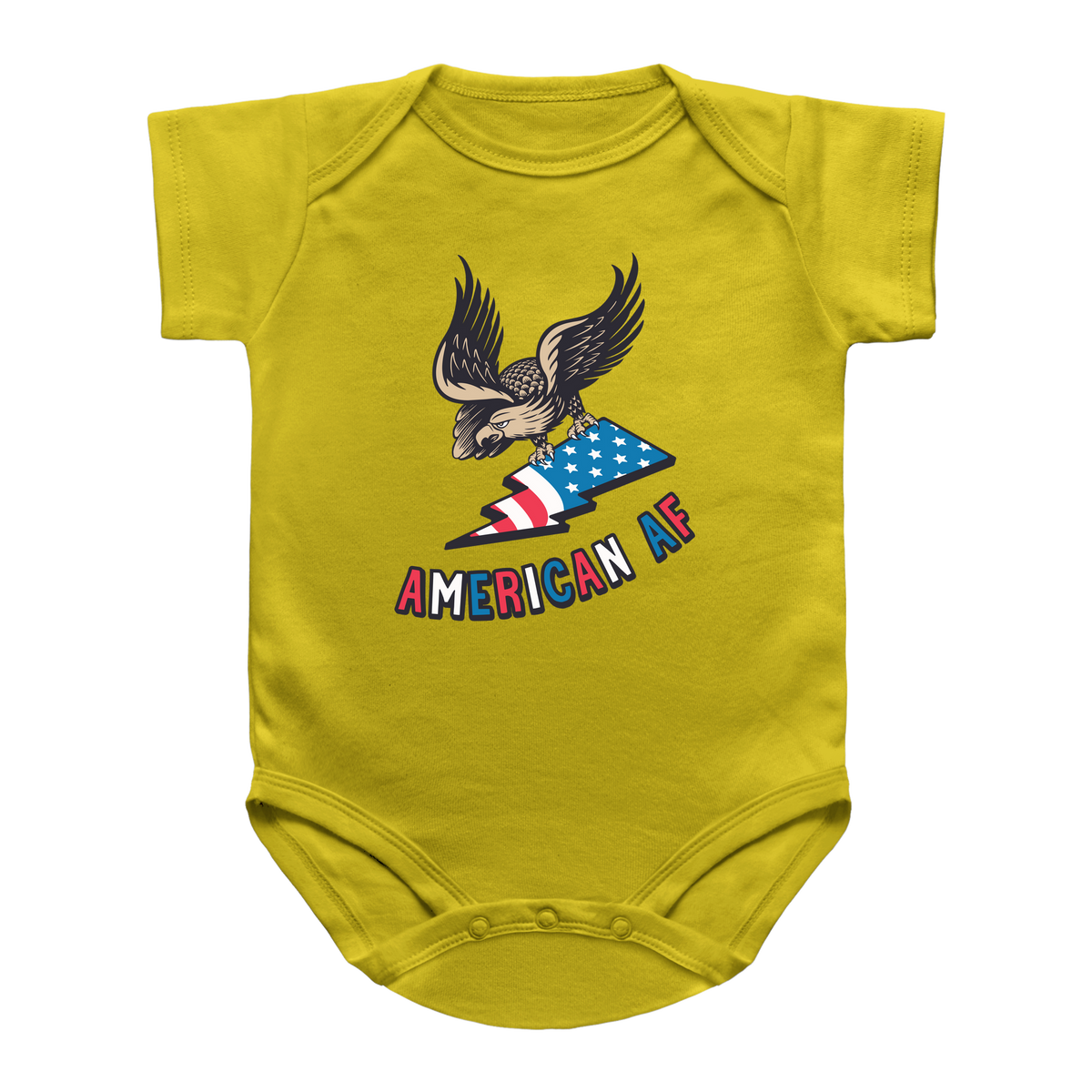 A yellow short-sleeve baby bodysuit for 4th of July featuring a graphic of an eagle holding an American flag with the text &