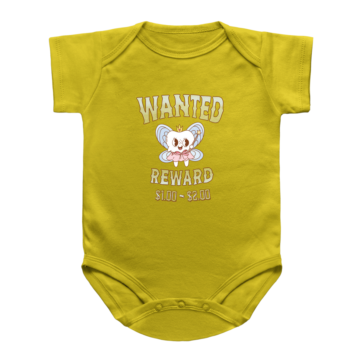A yellow short-sleeve infant onesie featuring a tooth fairy graphic with the text &
